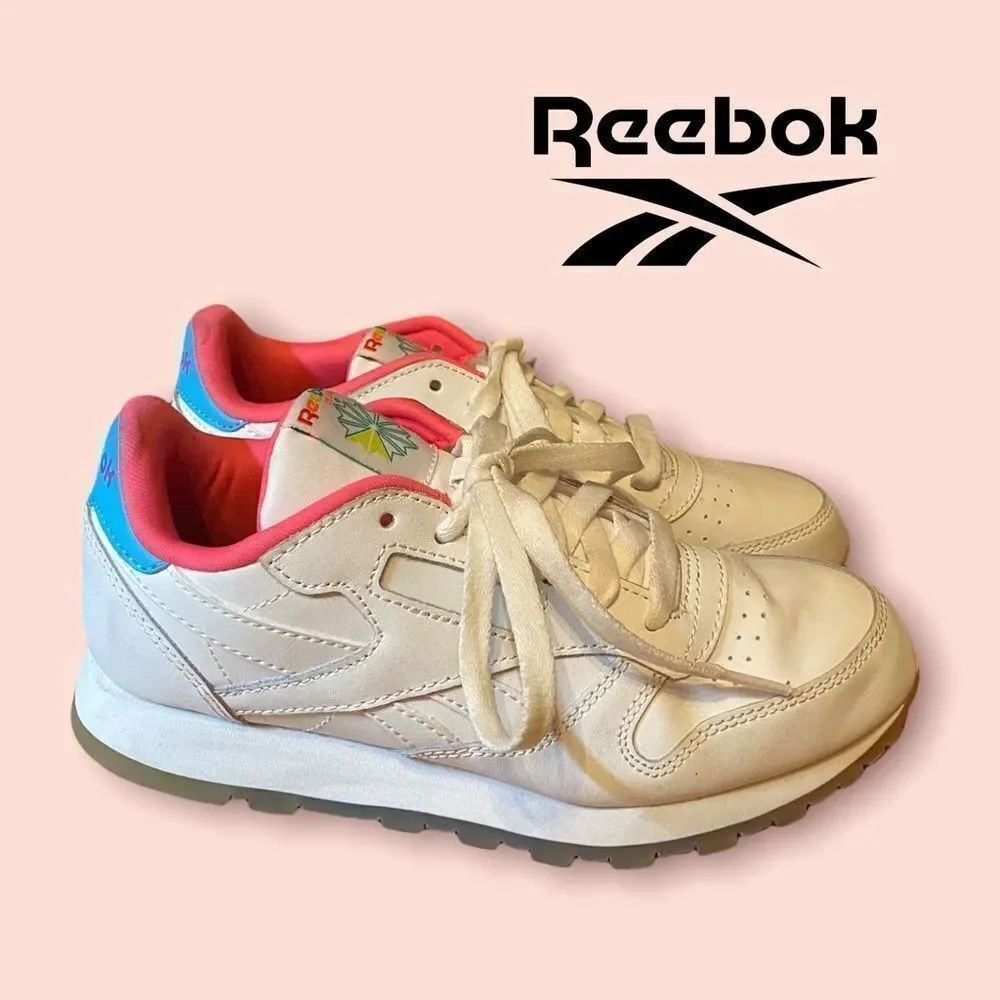 Reebok Classic Leather Shoes White Neon Blue Yellow Sneakers 3.5